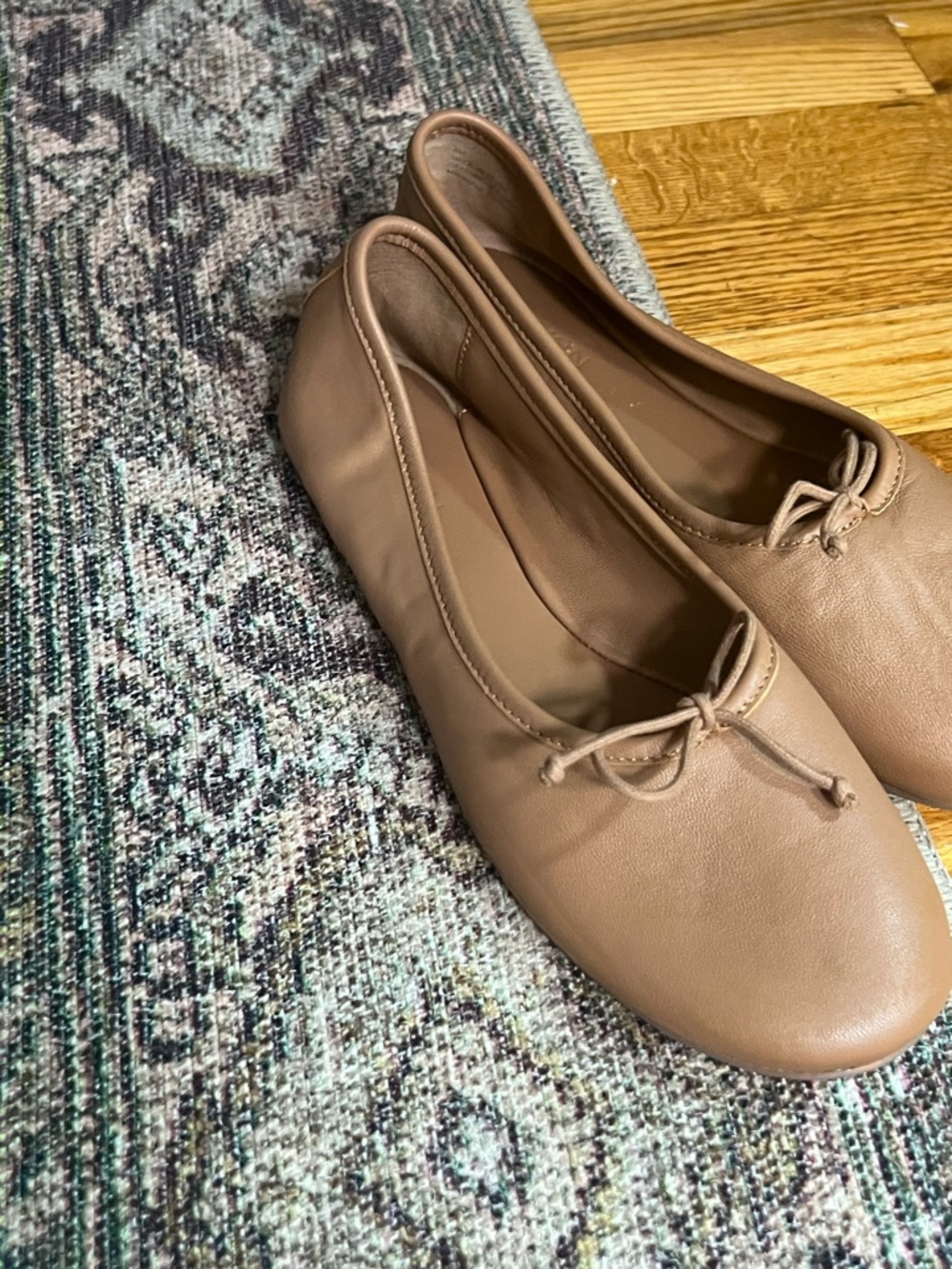 Women's Tan Leather Ballet Flats with Bow - Picture 15 of 15
